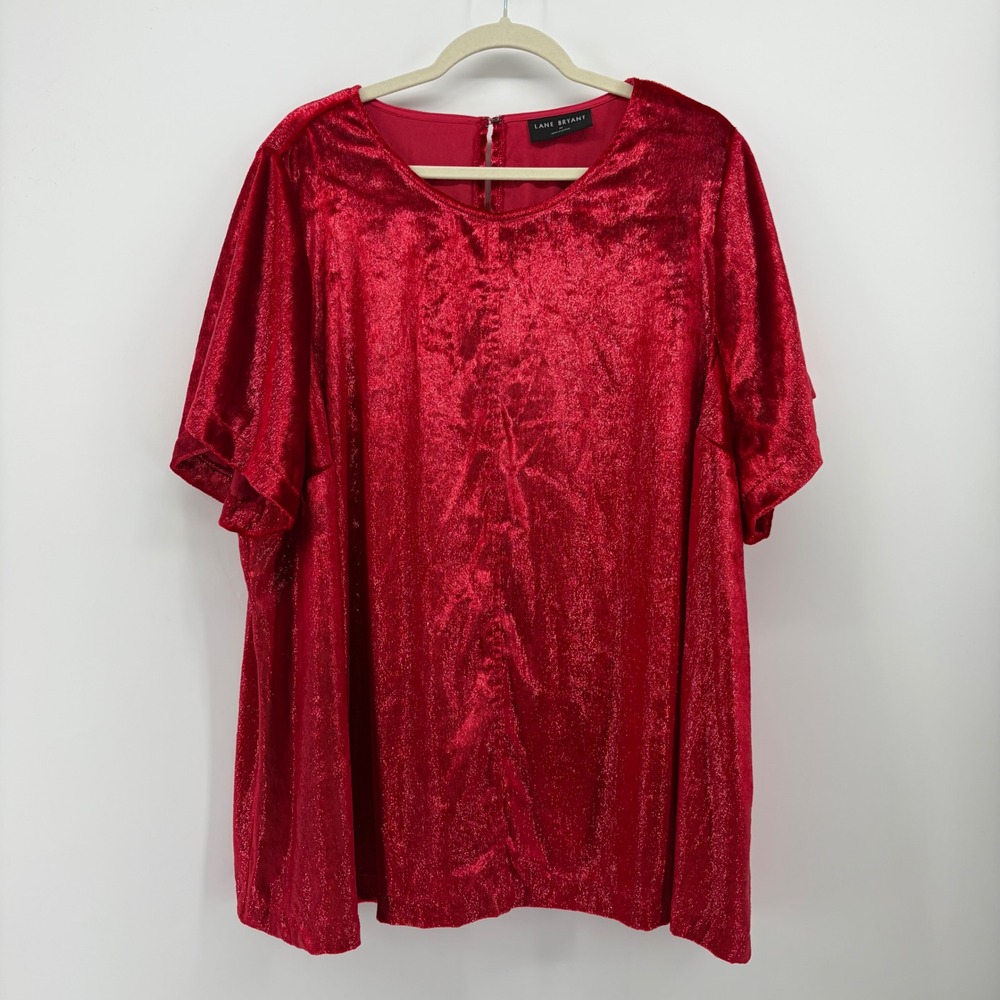Lane Bryant Womens 26 Red Blouse Crushed Velvet Short Sleeve Crew Neck Keyhole
